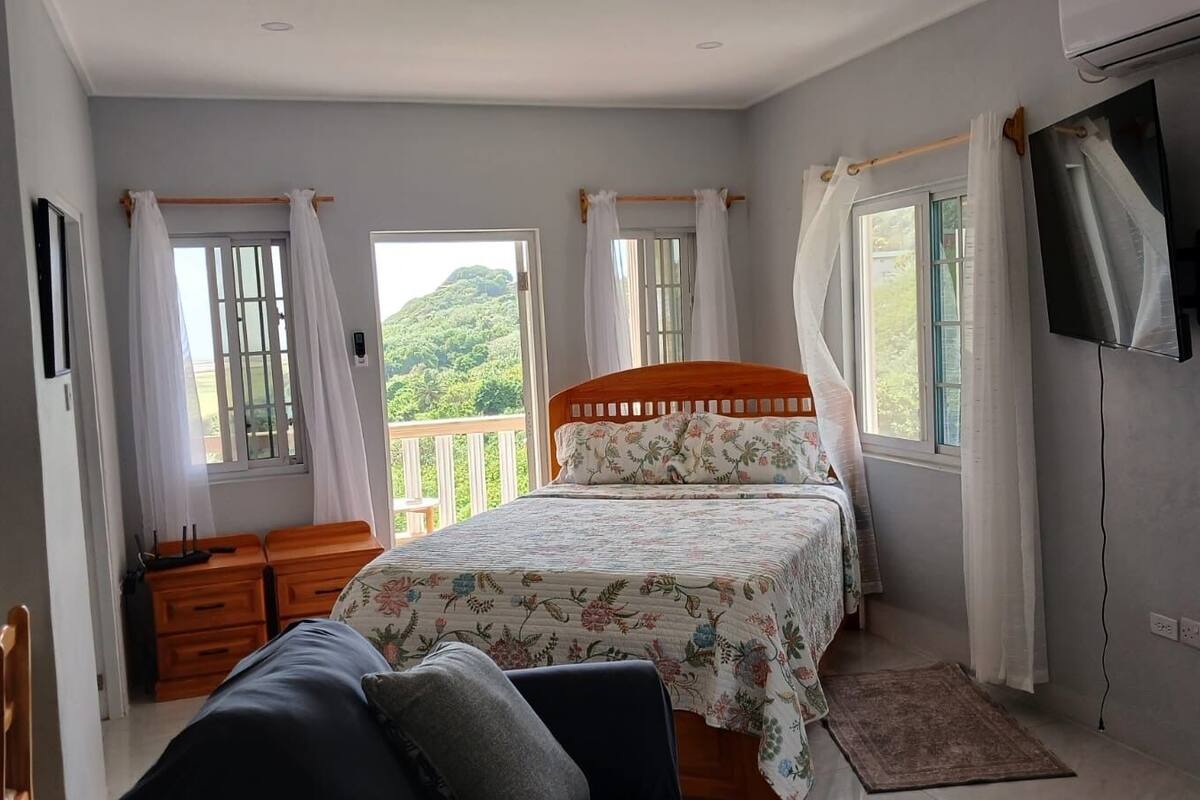 Un dormitorio con una cama, televisor, escritorio y ventana con cortinas.
