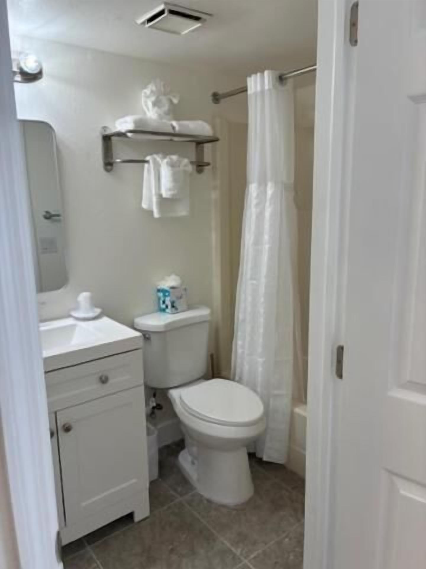 Un baño con inodoro, lavamanos y cortina de ducha.