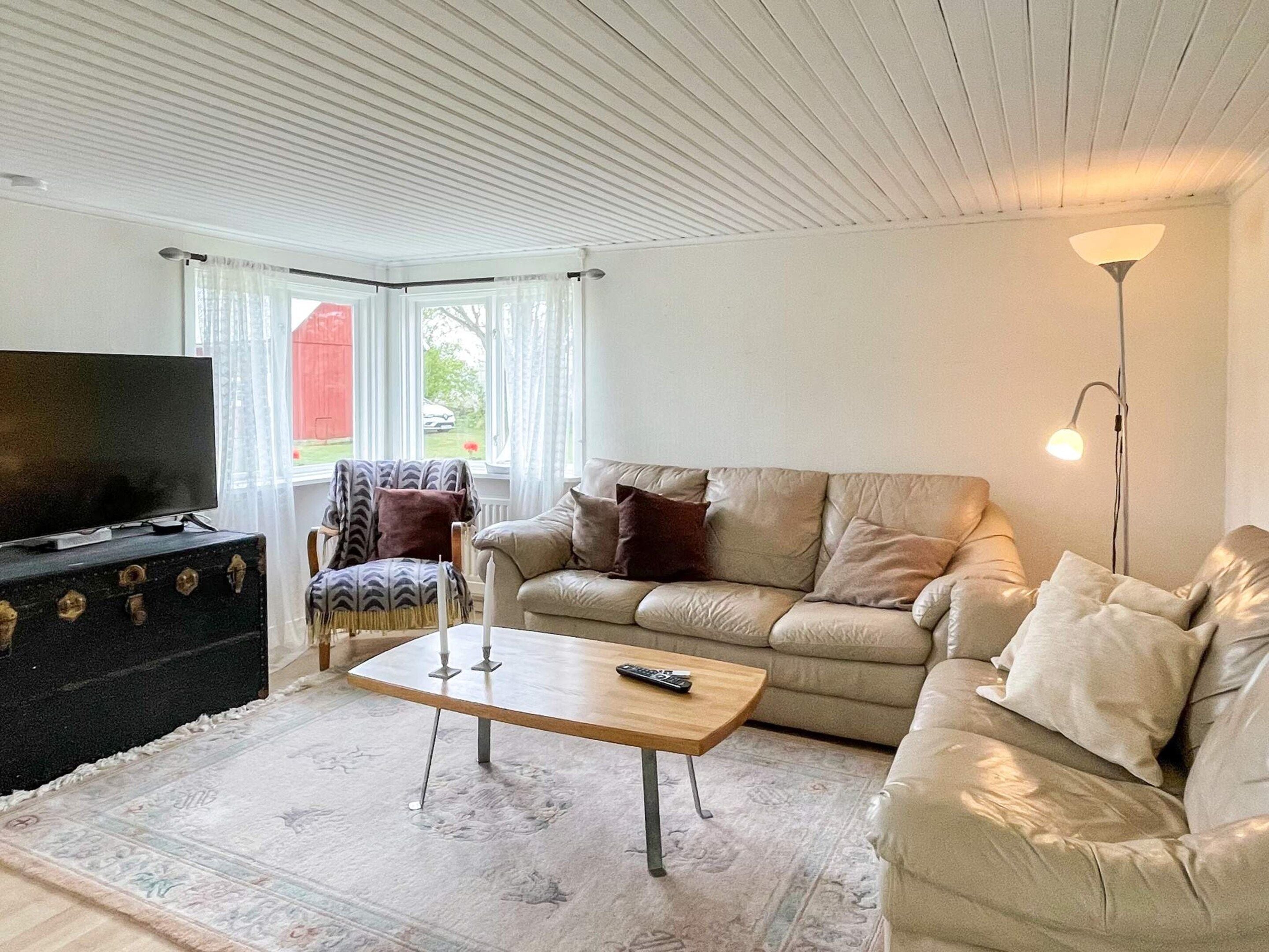 Ein Wohnzimmer mit einer Couch, einem Couchtisch, einem Fernseher und einer Lampe.