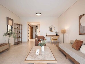 Villa Deluxe, 3 camere da letto, piscina privata, vista mare | Area soggiorno | Smart TV 40 pollici con canali satellitari, Netflix, lettore DVD
