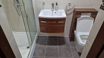 Shower, jetted bath, hair dryer, towels