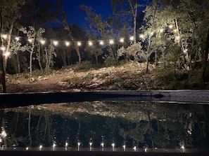 Escena nocturna al aire libre con luces colgantes, árboles y una superficie reflectante.