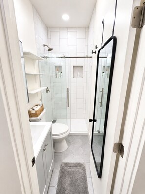 A compact bathroom with a toilet, a shower enclosure, and a glass door.