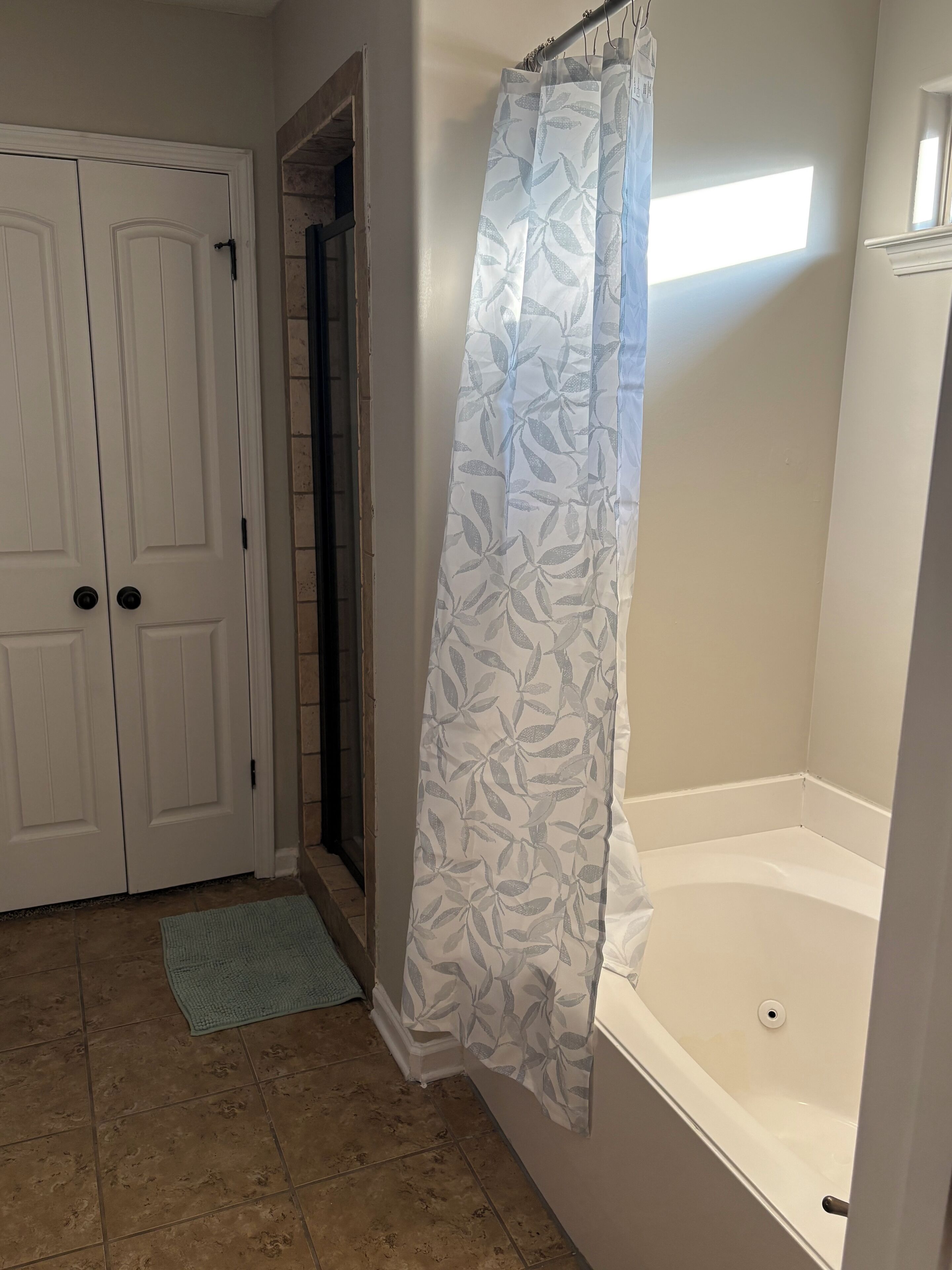 Jetted bath, towels, soap, toilet paper