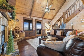 TV, fireplace - Family-Friendly Cabin: Hot Tub, Games & Views (Morganton)
