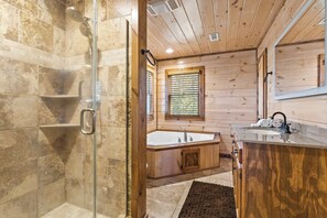 Shower, hair dryer, towels - Family-Friendly Cabin: Hot Tub, Games & Views (Morganton)