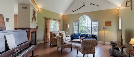 Smart TV, fireplace, books