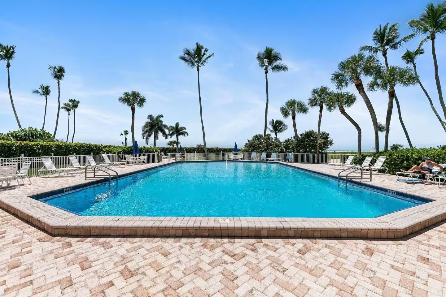 A rectangular swimming pool with a tiled deck, surrounded by palm trees and lounge chairs.