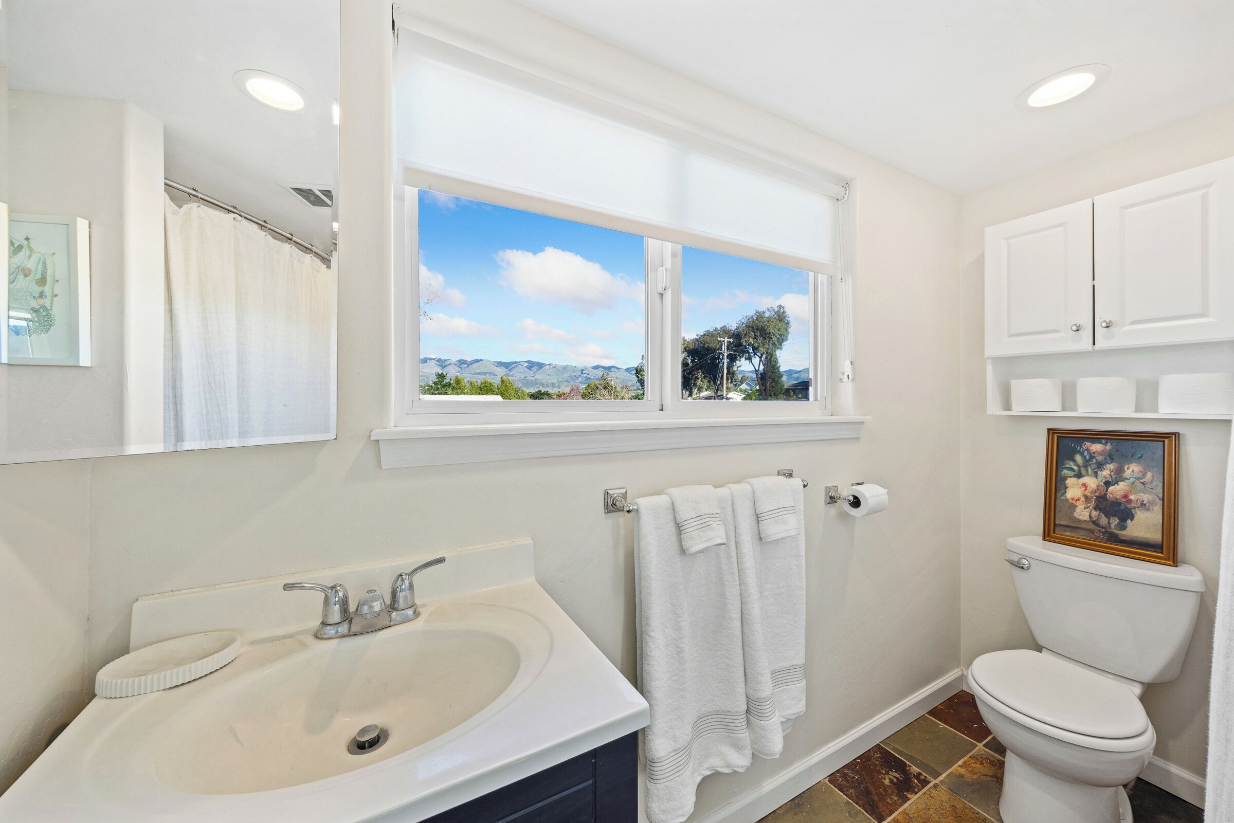 A bathroom with a sink, a toilet, a window with a view of mountains, and a framed picture on the wall.