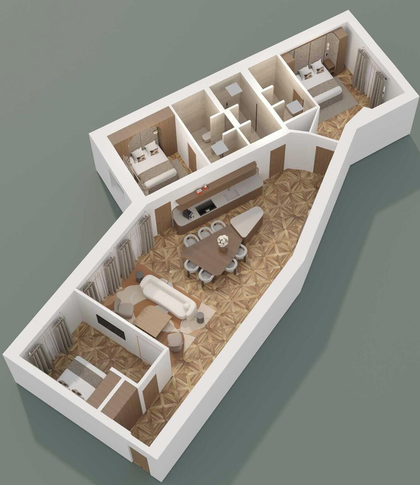 A 3D floor plan of a hotel room with a bed, a sitting area with a table and chairs, a bathroom, and a kitchenette.