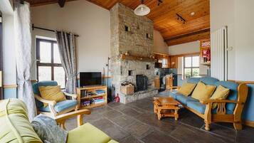 Tv, eldstad och datorskärmar