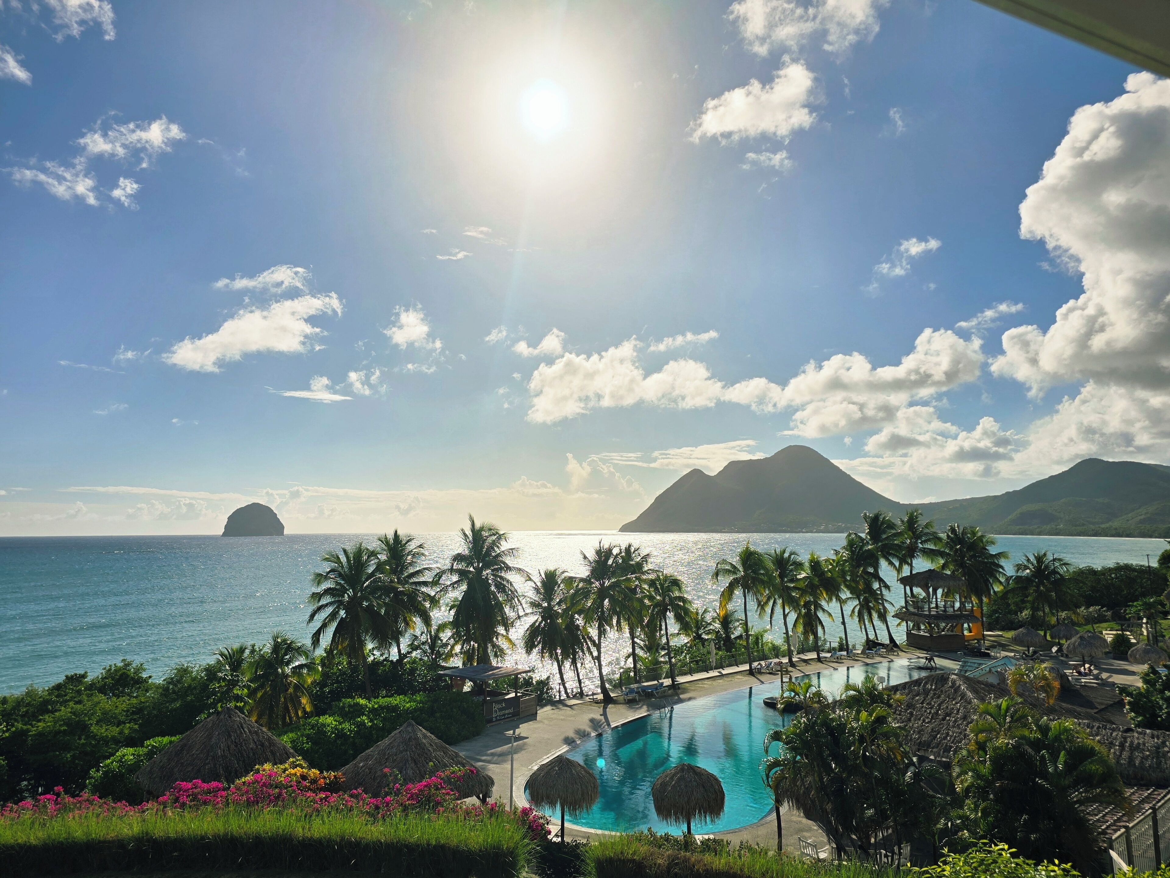A resort with a swimming pool, palm trees, and a view of the ocean and mountains.