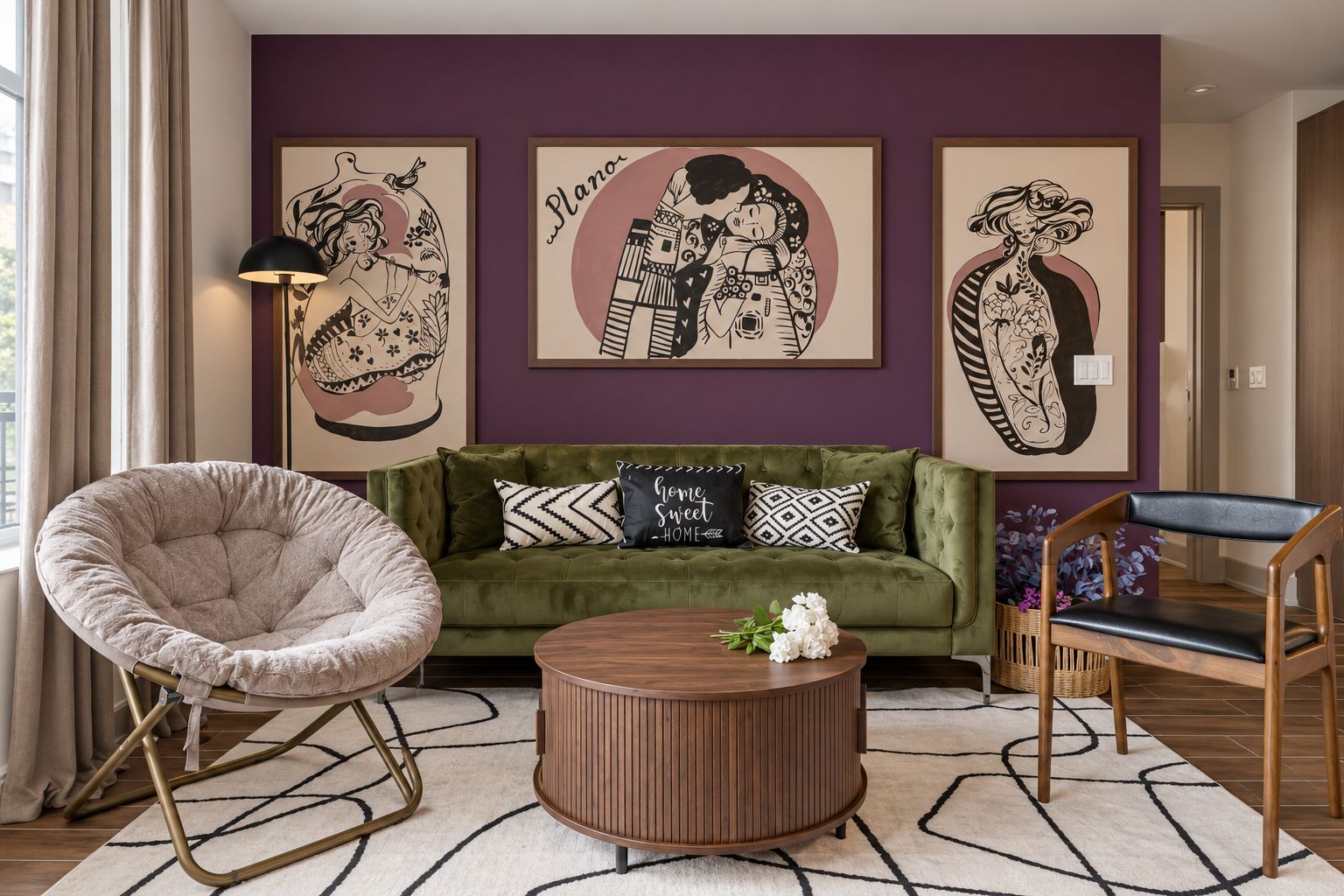 Designer lounge with velvet sofa, bold art, and cozy natural light