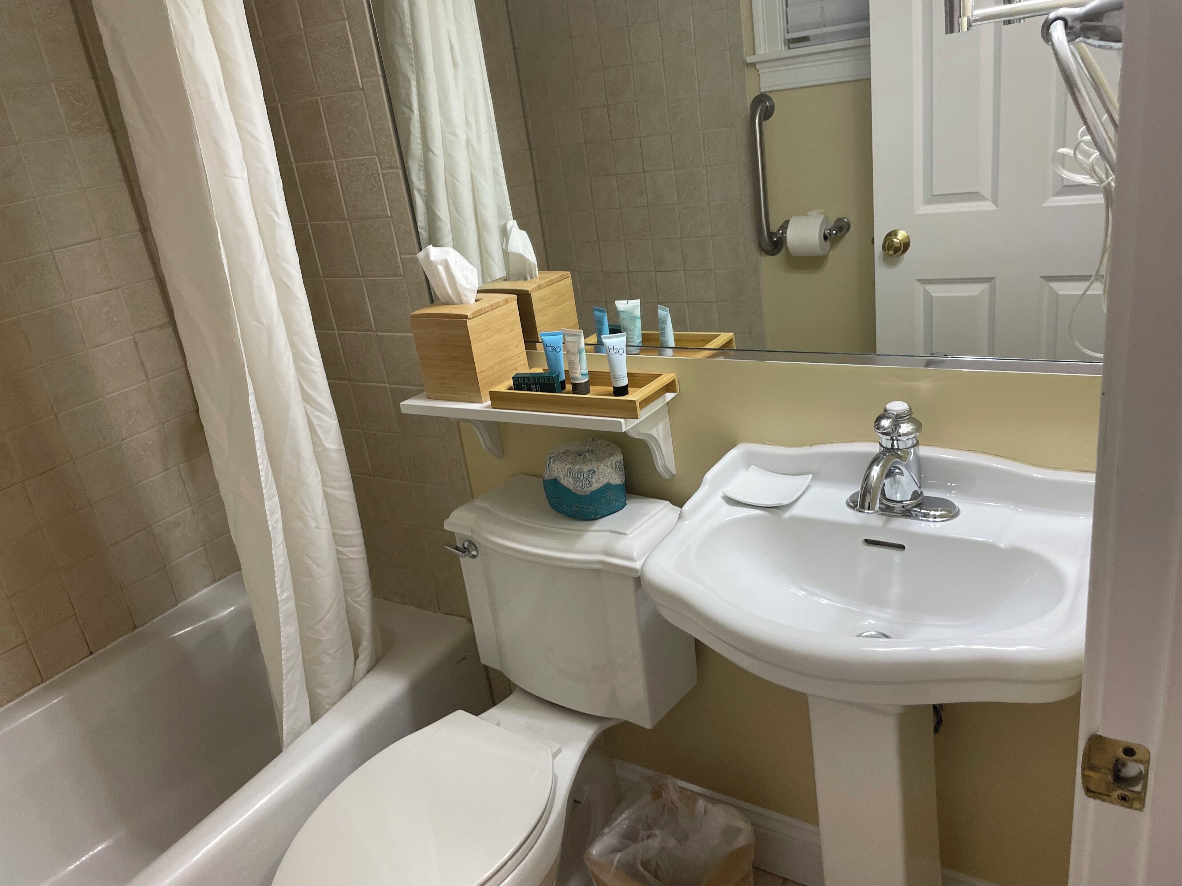 Hair dryer, towels, soap, shampoo