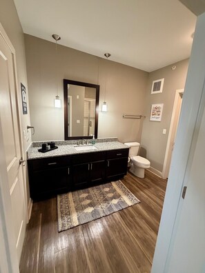 Shower, towels, soap, toilet paper -  1-bedroom apt with Sofa Bed in South Bend, walk to Football stadium sleeps 5 (South Bend)