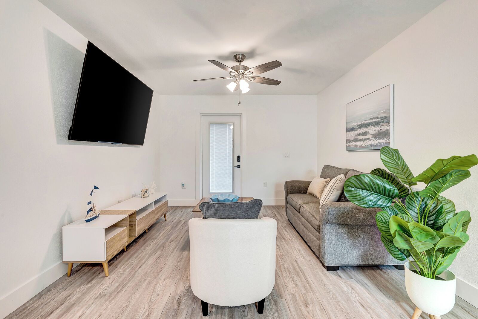 A living room with a flat-screen TV, a ceiling fan, a sofa, a coffee table, and a large plant.