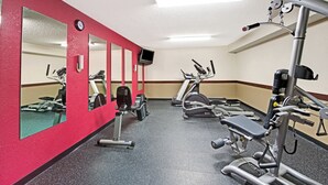 Une salle de sport équipée de divers appareils d’exercice, notamment des tapis de course et des appareils de musculation, et dont les murs sont recouverts de miroirs.