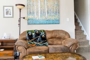 Smart-tv, eldstad, dvd-spelare och böcker