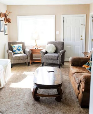 Smart-tv, eldstad, dvd-spelare och böcker