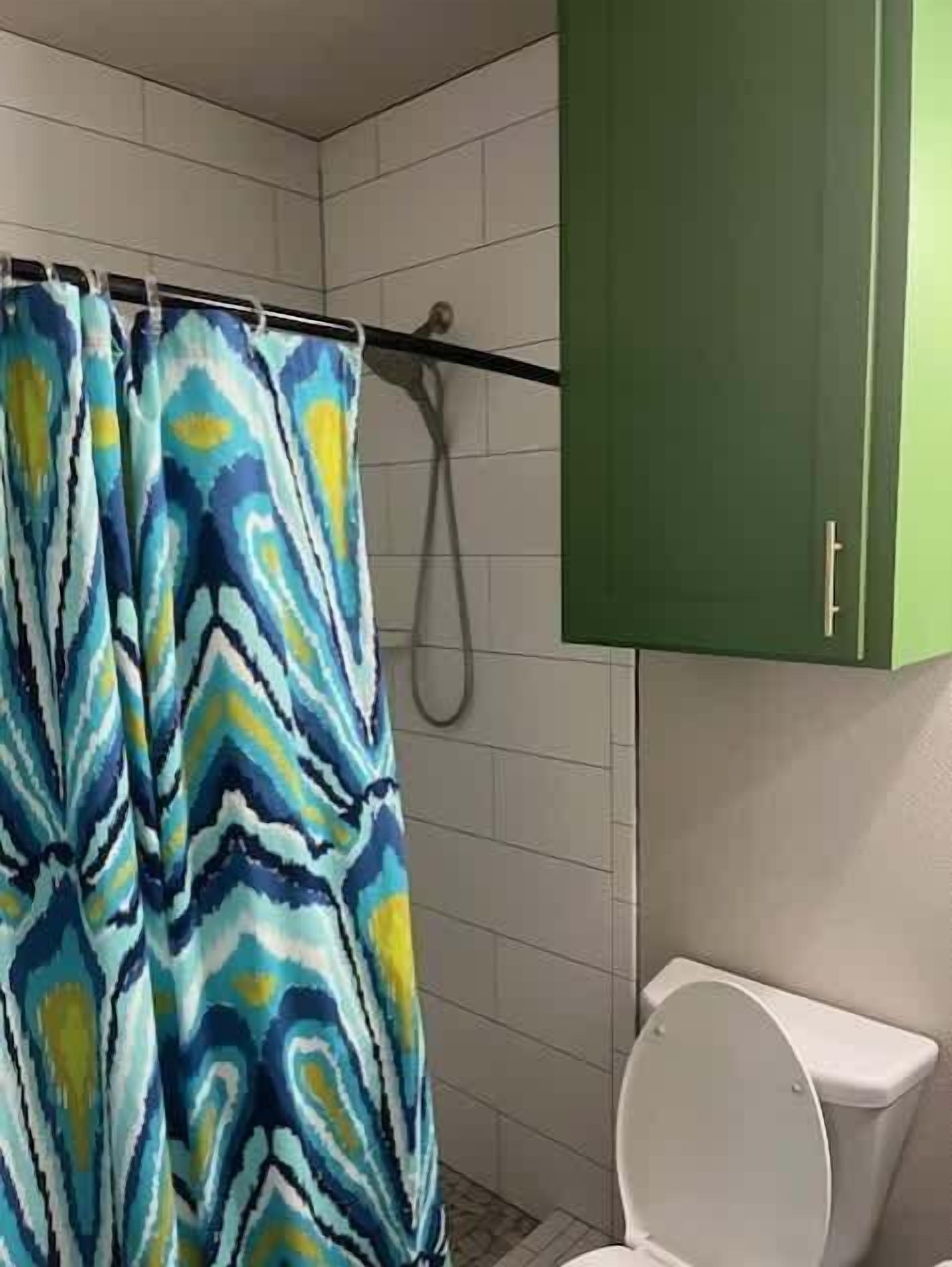 A bathroom with a shower curtain, a toilet, and a green cabinet.