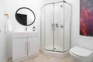 Shower, hair dryer, towels, soap