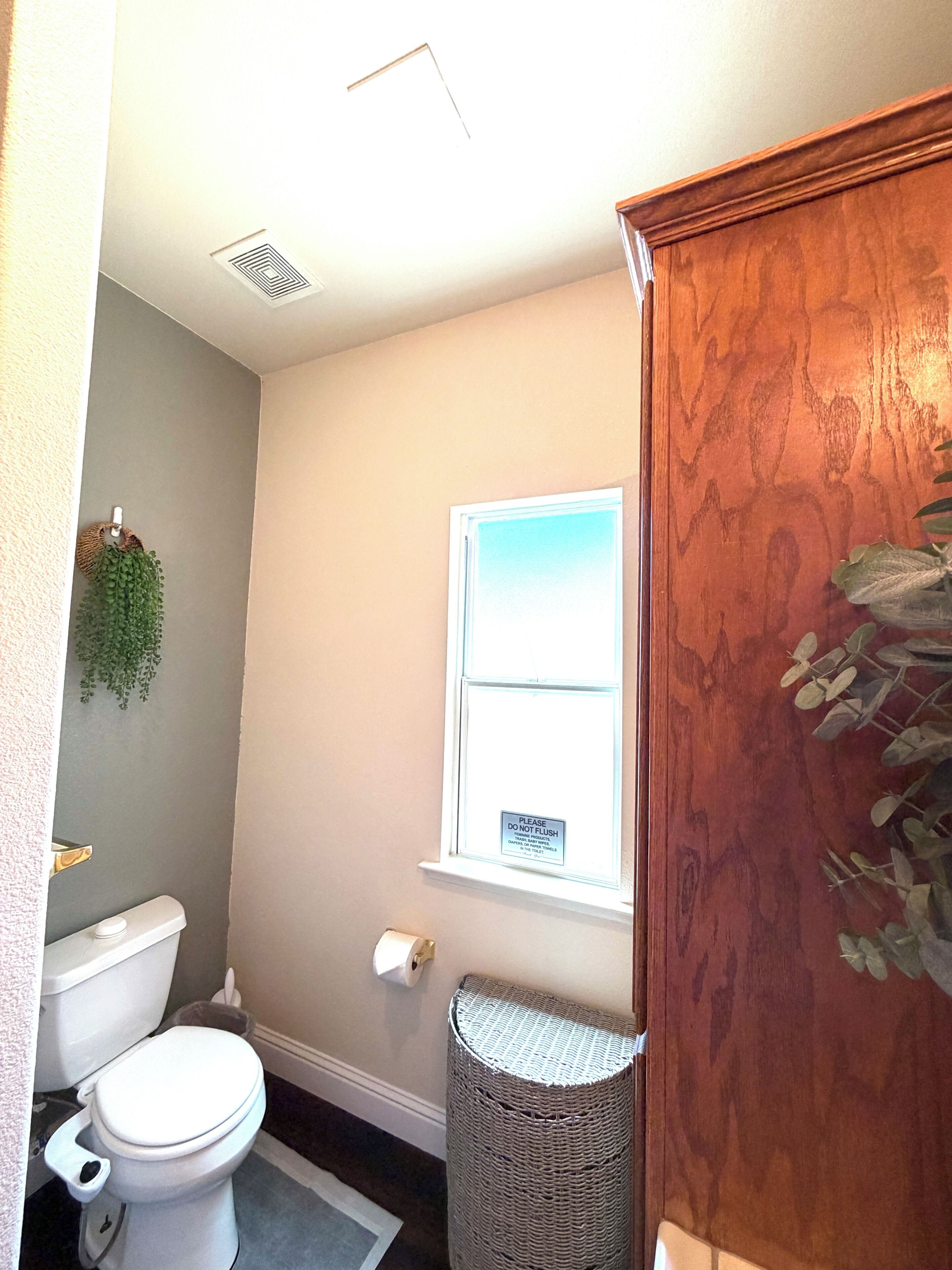A bathroom with a toilet, a window, a trash can, and a plant.