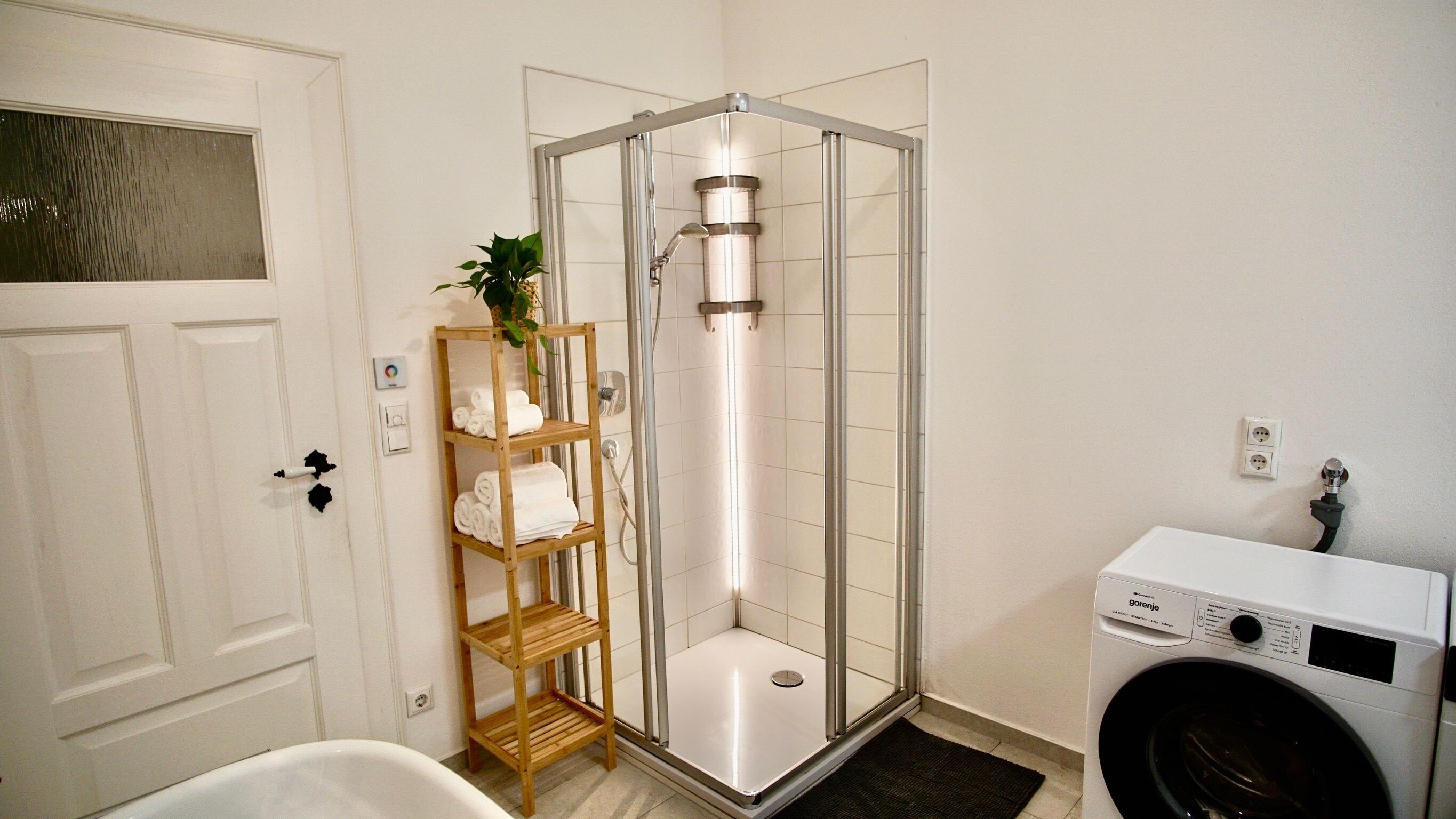 Hair dryer, towels, soap, shampoo
