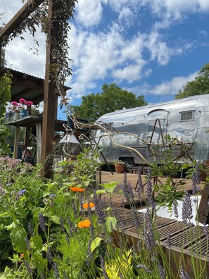 A vintage camper parked in a garden with various plants and flowers. - Vintage Airstream with sunken bath, sun deck,firepit in nature (Sandyway)