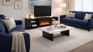 Una sala de estar moderna con chimenea, dos sofás, una mesa de centro y cuadros en la pared.