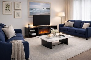 Ein modernes Wohnzimmer mit Kamin, zwei Sofas, einem Couchtisch und gerahmten Kunstwerken an der Wand.