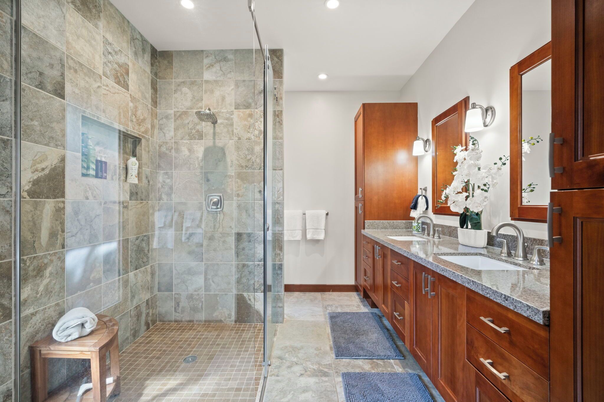 Hair dryer, towels, soap, shampoo