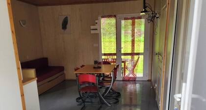 Cozy wooden chalet on a hilly forest, opposite a running stream