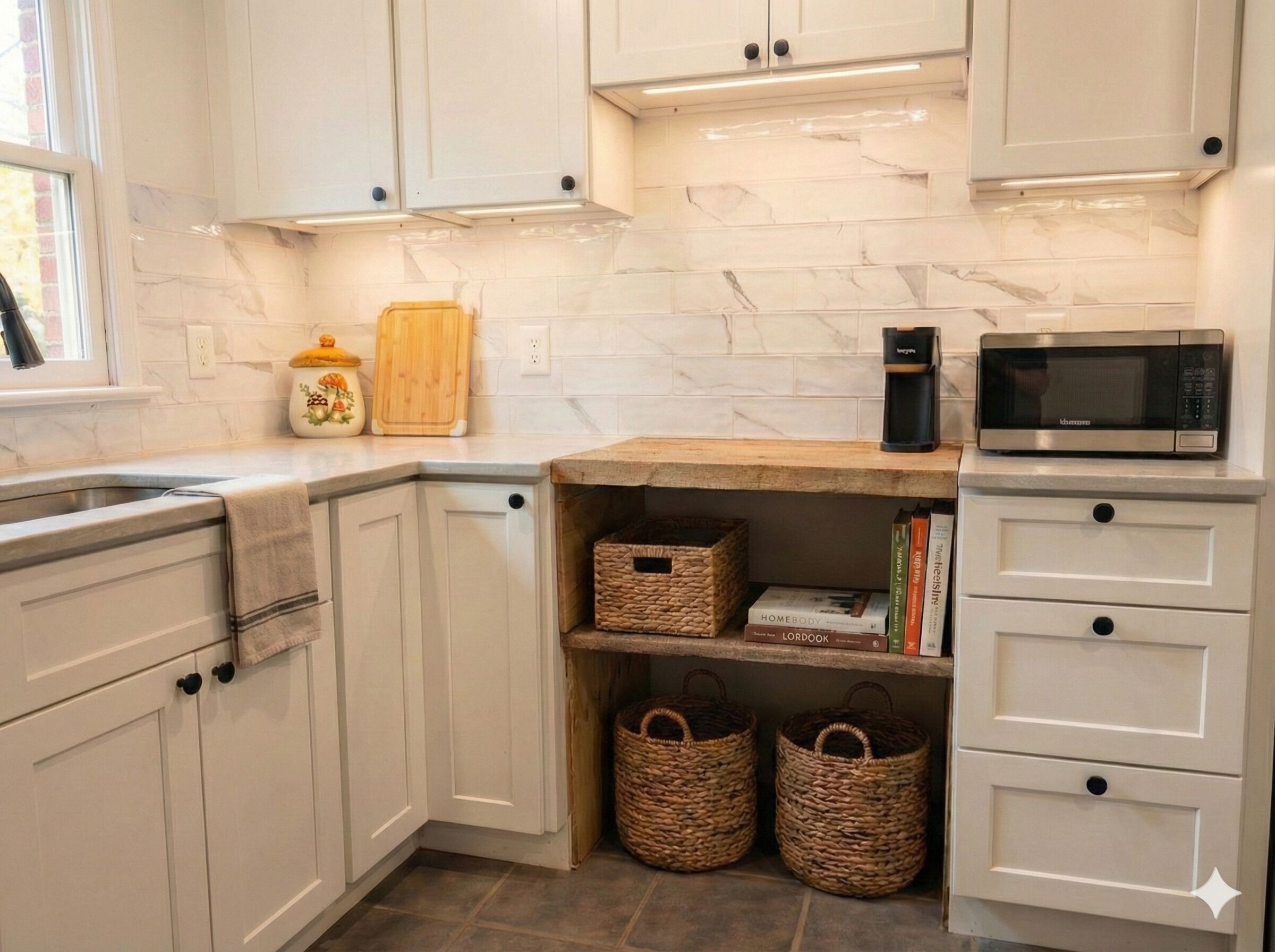 Fridge, microwave, coffee/tea maker, cookware/dishes/utensils