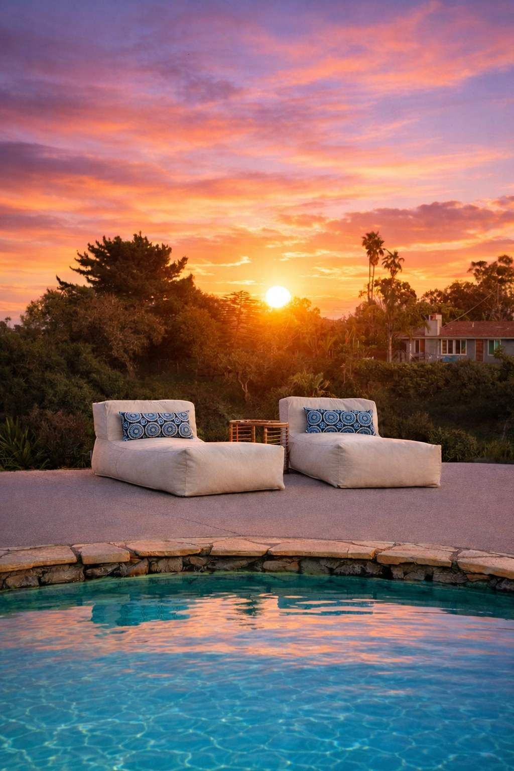 Un espace aménagé au bord de la piscine, avec deux chaises blanches dotées de coussins et une petite table, le tout entouré d’un bord de piscine en pierre.