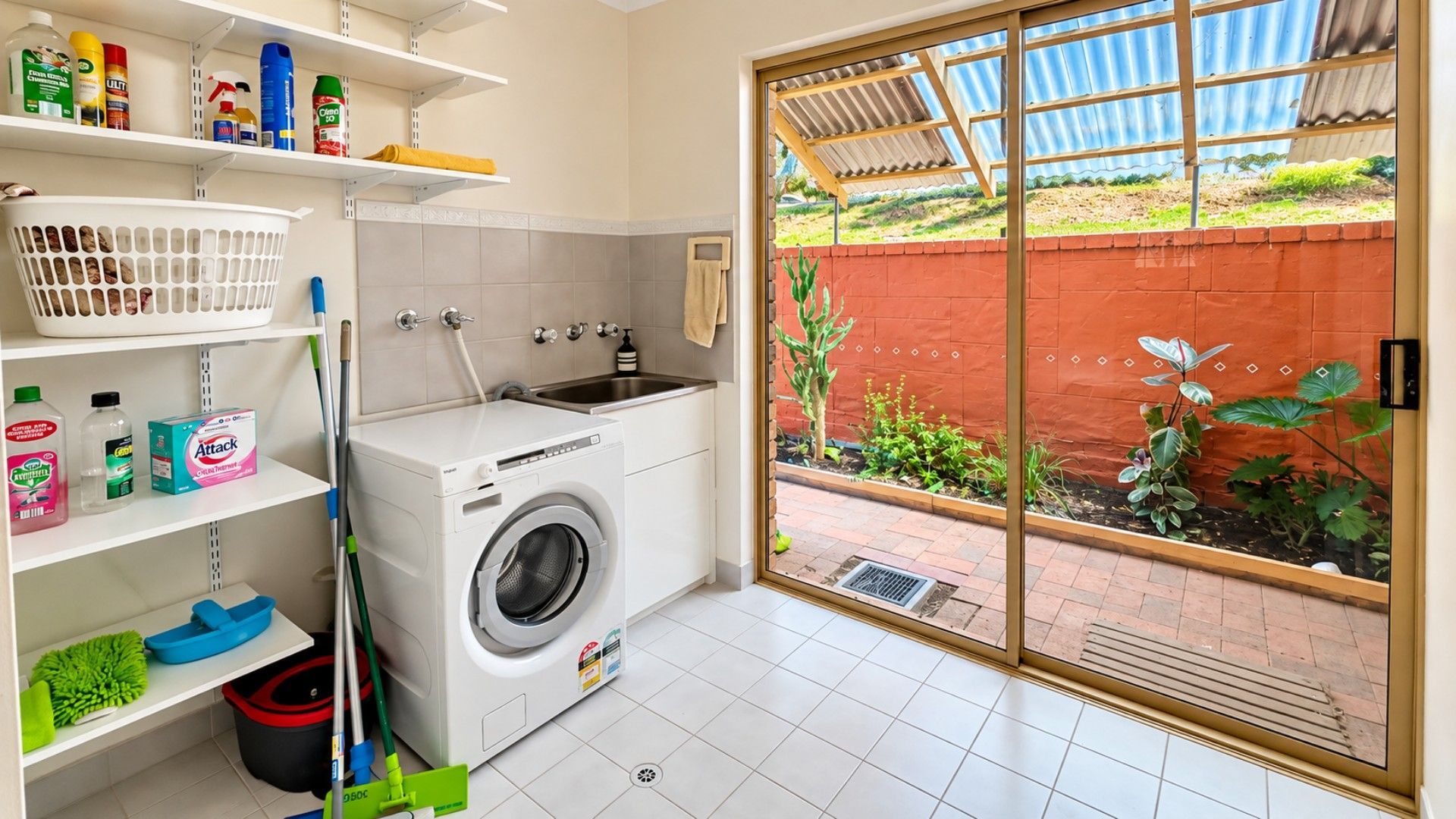 A laundry room with a washing machine, shelves with cleaning supplies, a mop, and a view of a garden through a sliding glass door.