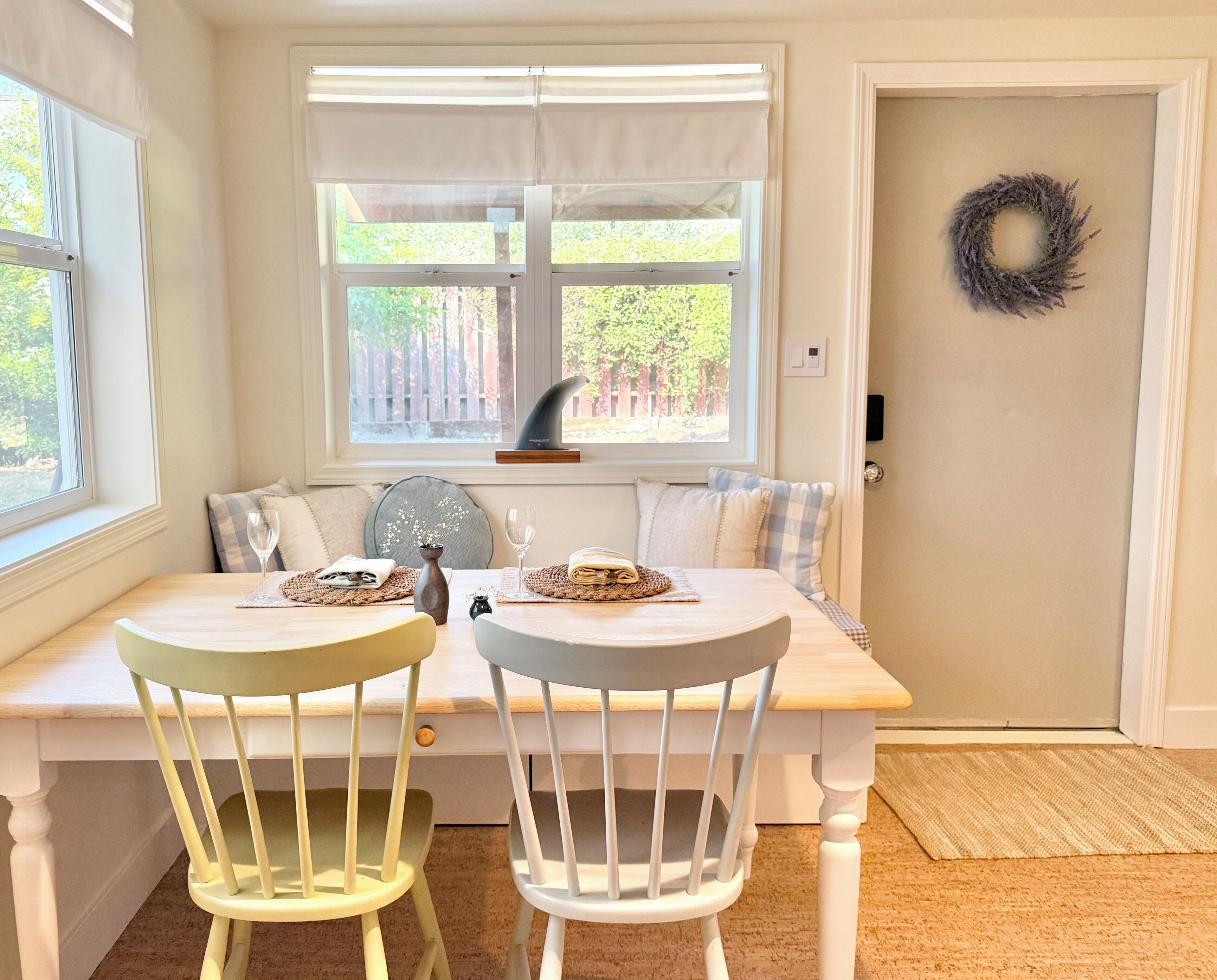 Enjoy home-cooked meals on the large solid wood dining table.