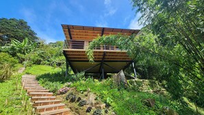 A modern house with a wooden deck and a staircase leading up to it, surrounded by lush greenery.