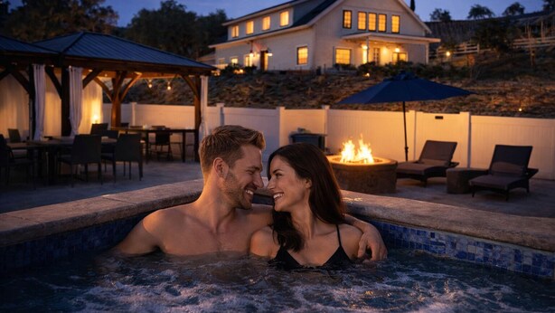 Un couple dans un jacuzzi, avec une maison et un espace patio en arrière-plan.