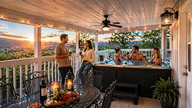 Un espacio al aire libre cubierto con un jacuzzi, asientos y una mesa con bebidas y aperitivos.