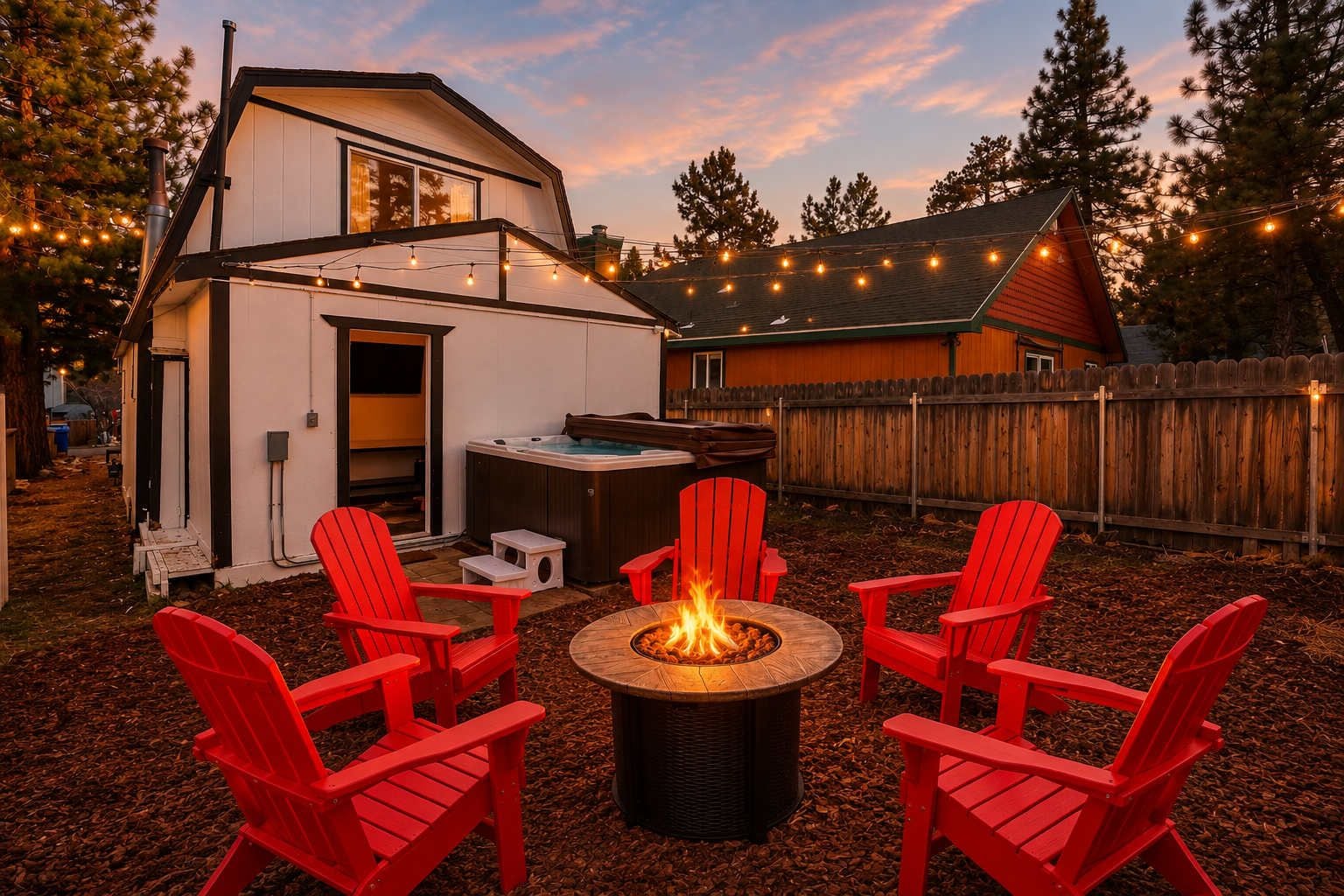 A backyard with a hot tub, outdoor seating, and a wooden deck.