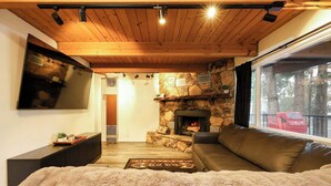 Een gezellige woonkamer met een open haard, een grote tv aan de muur, een comfortabele bank en uitzicht op de omgeving.