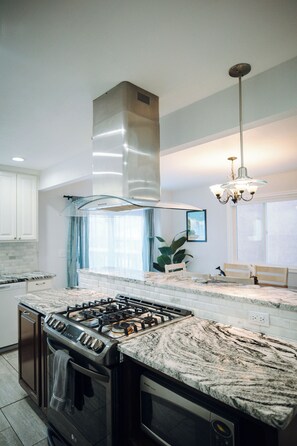 A modern kitchen with a central island, stainless steel appliances, and a pendant light. - Meridian Suite at North Star Lodge • HotTub • View (Anchorage)