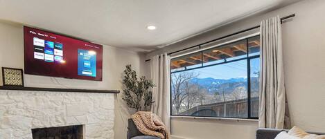 Télévision, cheminée, espaces bureaux