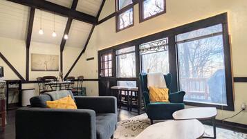 Smart TV, fireplace, books, stereo