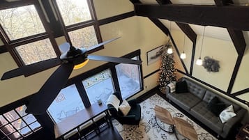 Smart TV, fireplace, books, stereo