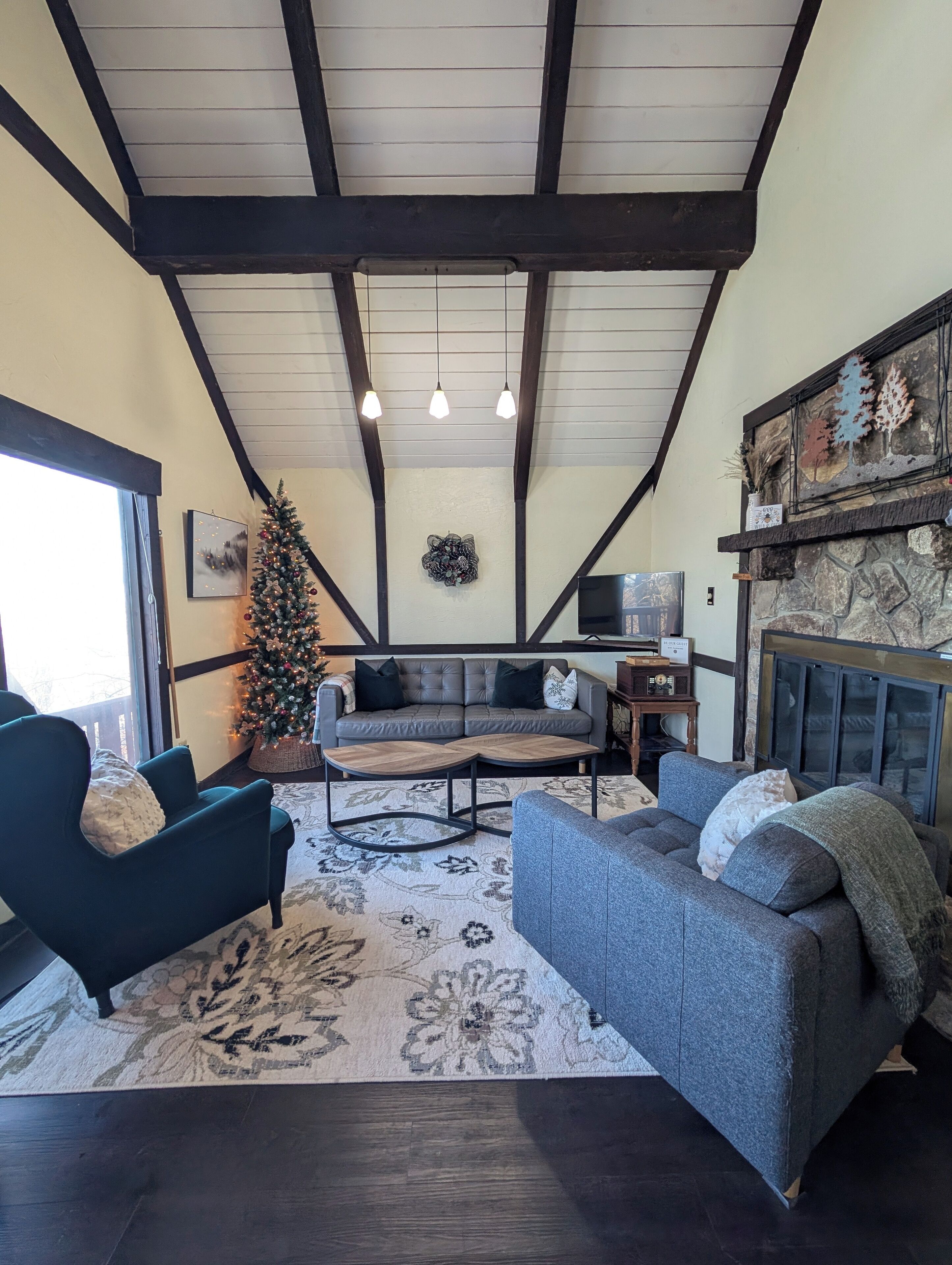 智能电视、壁炉、书、立体声音响