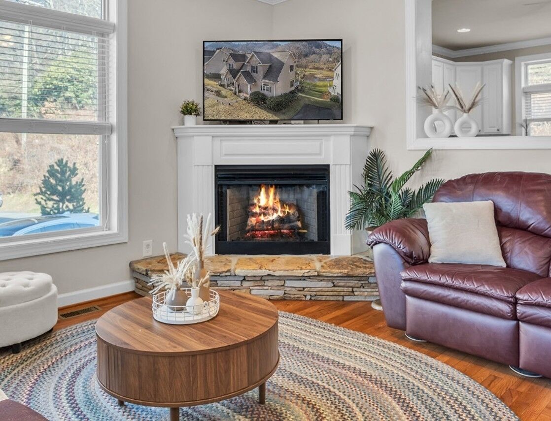 Smart TV, fireplace, books