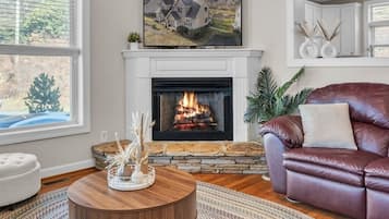 Smart TV, fireplace, books