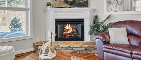 Smart TV, fireplace, books