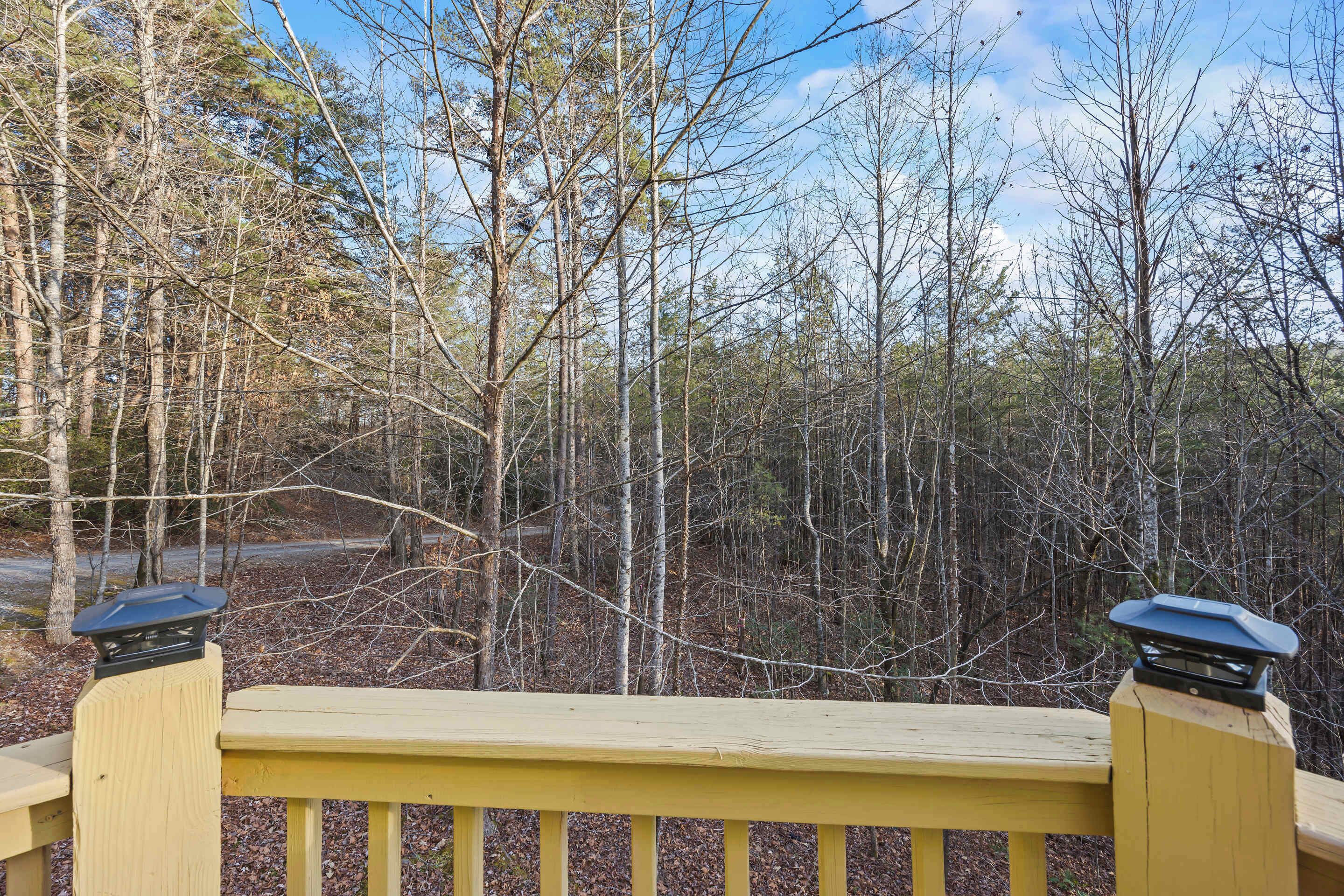 Eine Holzterrasse mit Geländer, mit Blick auf eine bewaldete Landschaft.